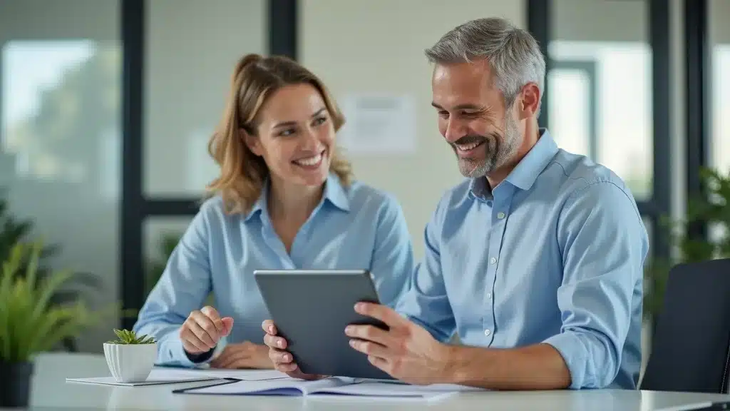 Insurance agent in Columbia SC explains bundled home and auto insurance discounts to local homeowners at modern office