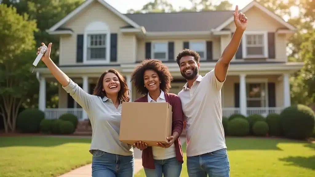 Happy Columbia SC family with new house keys in front of well-kept home, moving in, smiling, with mature trees and green lawns