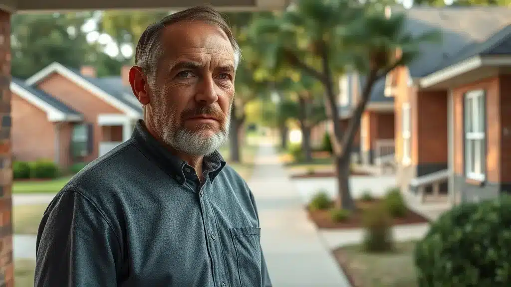 Columbia SC homeowner on their porch examining home insurance binder with subtle foundation cracks, illustrating earthquake coverage concerns