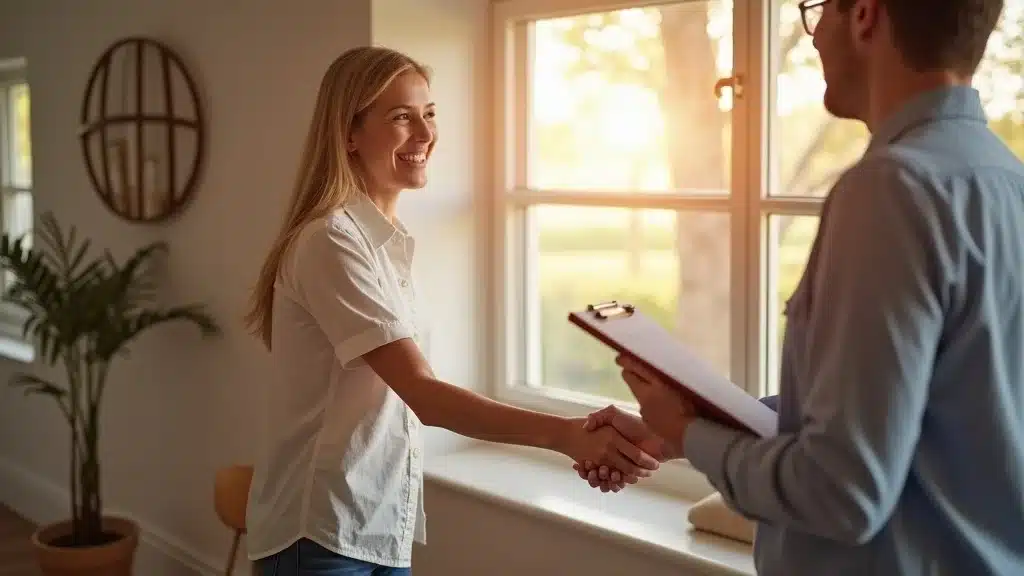 Happy homeowner with insurance claims agent in Columbia SC, smiling, shaking hands