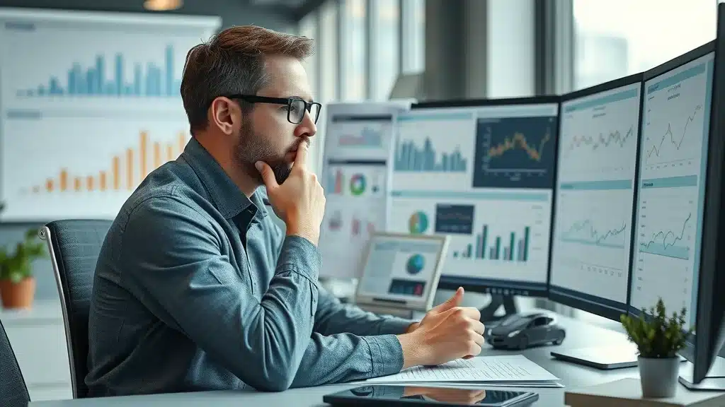 Insurance analyst in Columbia SC reviewing charts of car insurance cost projections for 2026