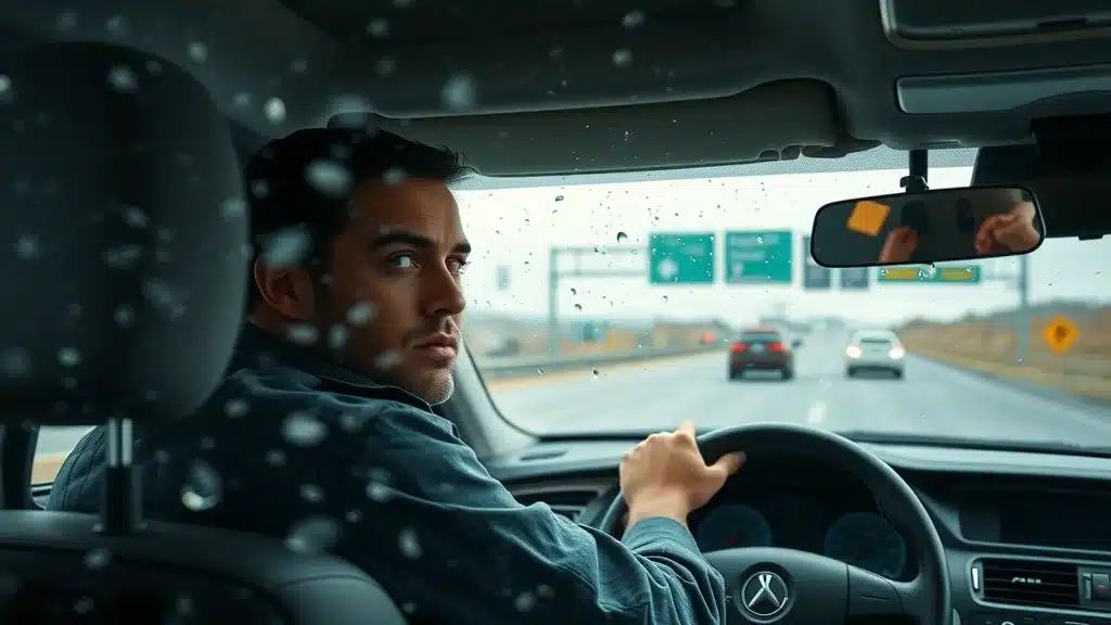 Lexington SC commuter in car during hailstorm on highway, representing hidden costs like weather surcharges and policy details in local insurance rates