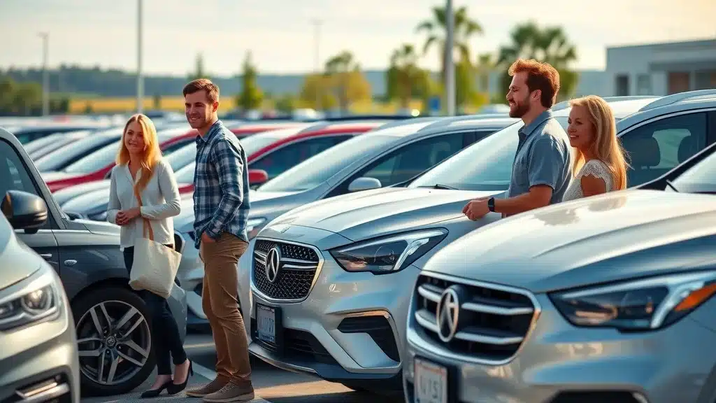 Variety of cars with owners comparing vehicles at a Lexington SC dealership, representing how vehicle type impacts insurance premiums