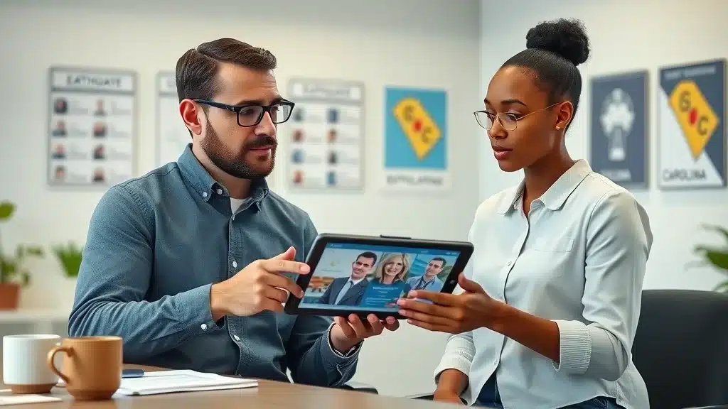 Insurance agent in Columbia SC explaining earthquake insurance options to diverse homeowners, referencing digital visuals