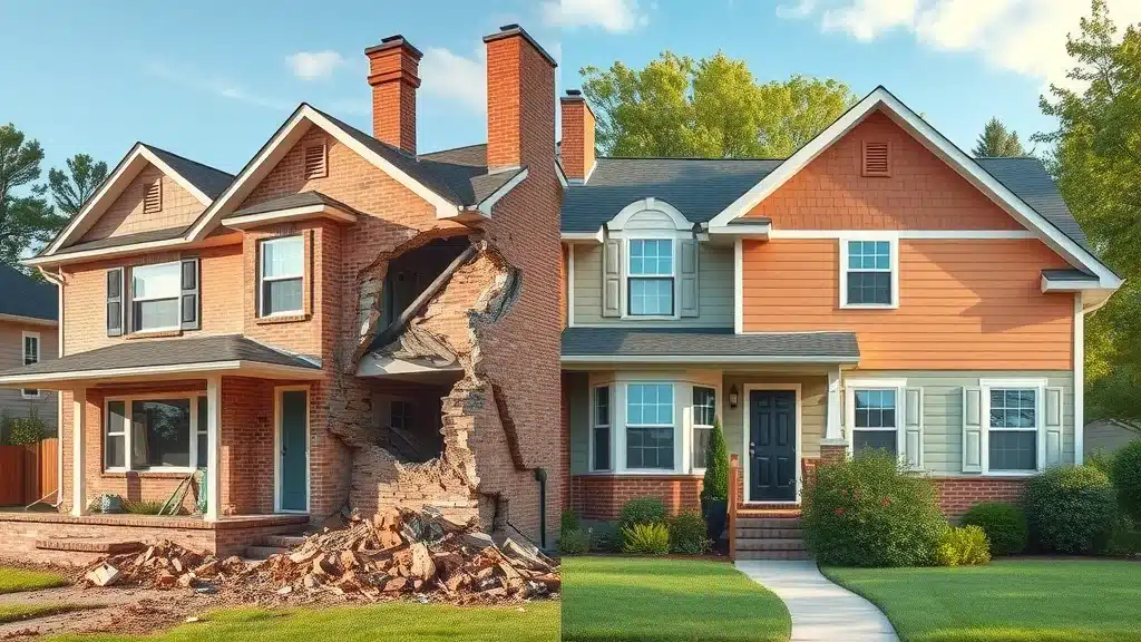 Side-by-side image of two Lexington, SC houses: one damaged by earthquake, one intact, illustrating benefit of earthquake insurance coverage
