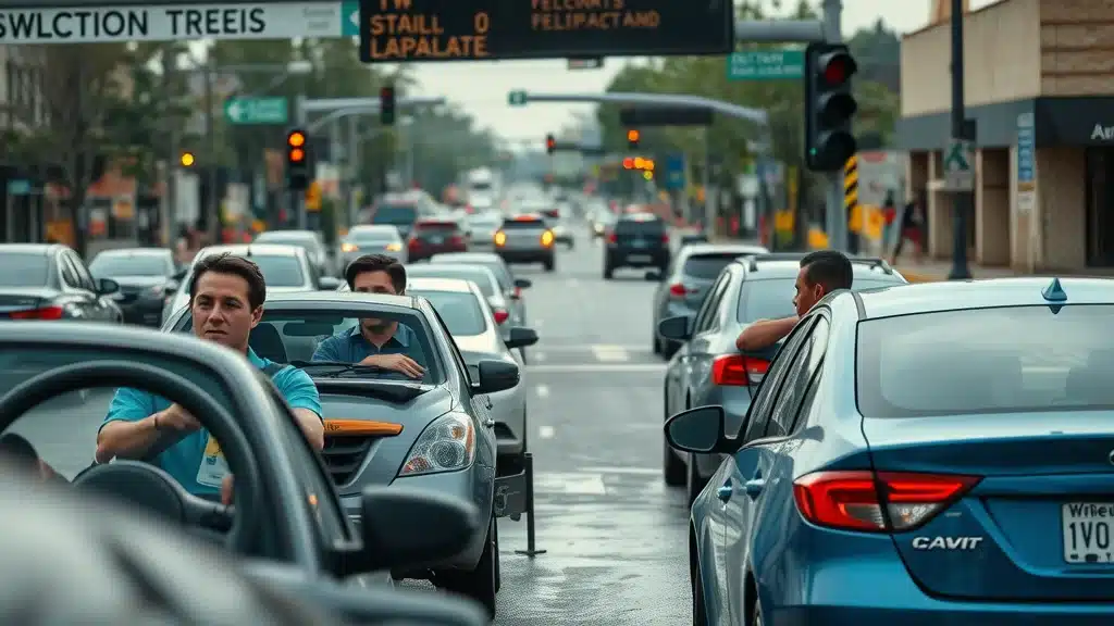 Lexington SC street with diverse drivers and moderate traffic, showing how local risk impacts car insurance rate calculations