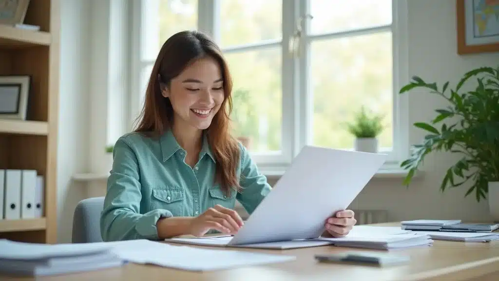Satisfied Columbia SC resident reviewing home insurance paperwork at tidy desk