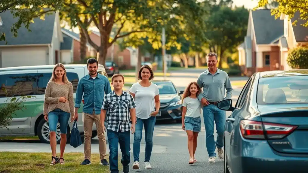 Suburban Lexington SC neighborhood with families standing beside parked cars, highlighting auto insurance factors in a local context