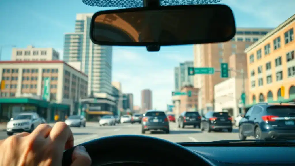 Downtown Columbia SC cityscape through a windshield, showing cars, traffic lights, and sunny weather — car insurance rates Columbia 2026