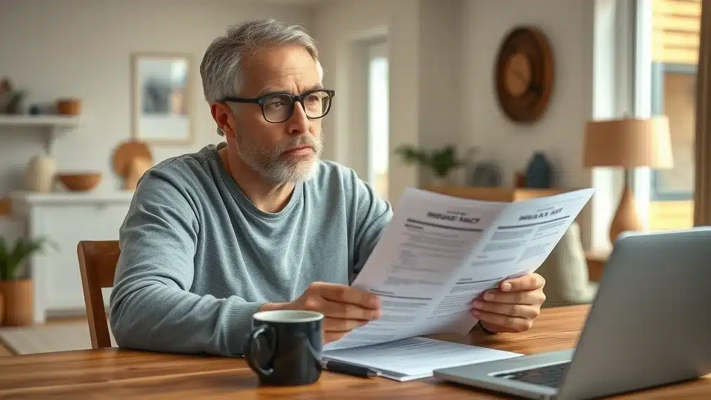 Concerned homeowner in Lexington, SC reviewing insurance paperwork to determine if earthquake damage is covered
