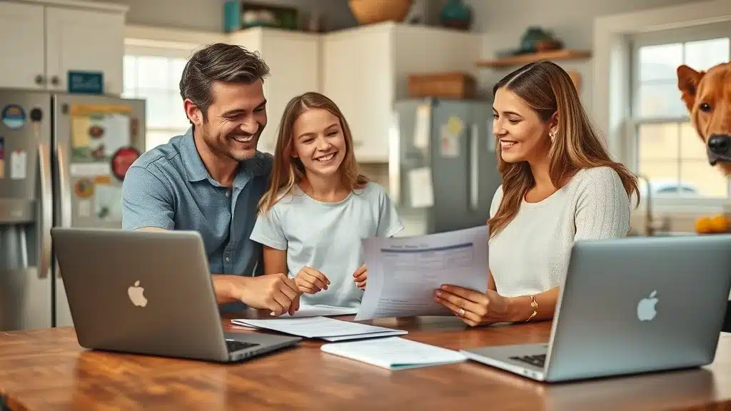 Lexington SC family discussing insurance premiums at home, with paperwork, car keys, and a dog creating a practical insurance decision scene