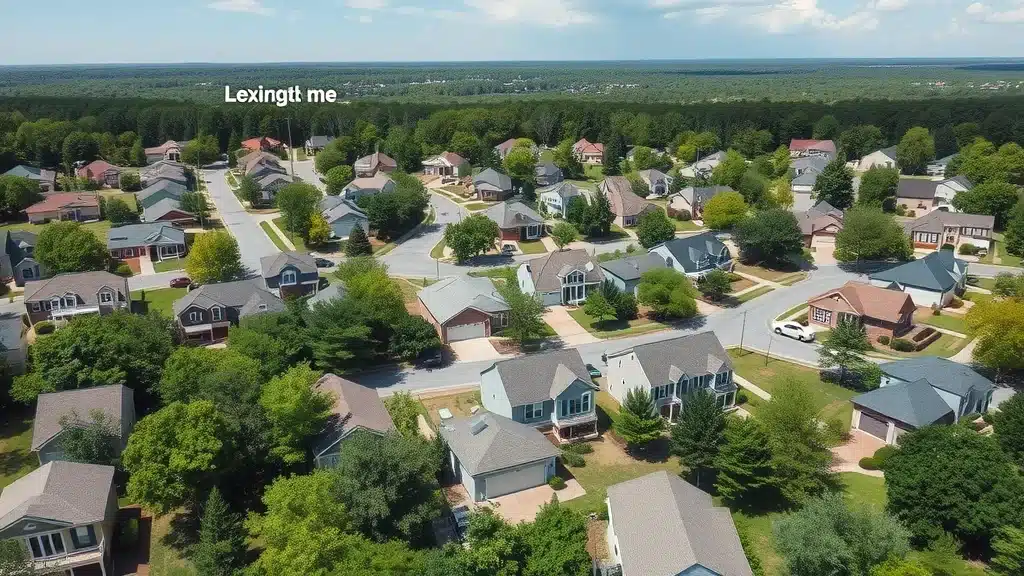 Aerial view of residential neighborhood in Lexington, SC with highlighted local fault line, illustrating regional earthquake risk — earthquake coverage