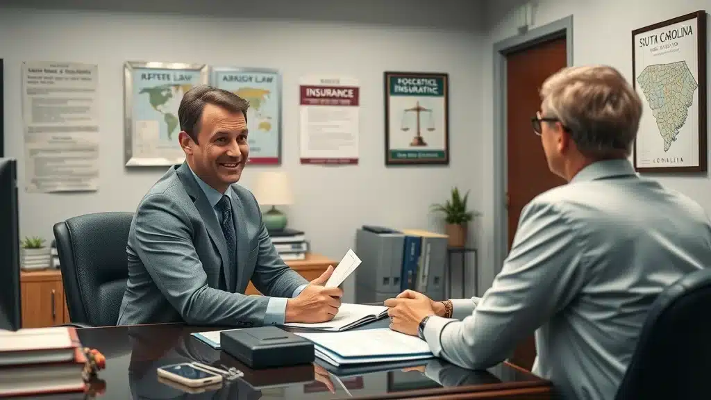 Professional South Carolina insurance agent consulting clients in Lexington, with legal guides and paperwork illustrating local insurance regulations