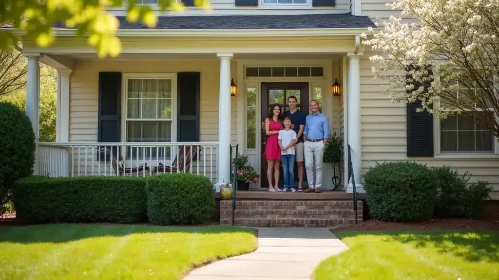 A family of four stands smiling on the front porch of a cream-colored house with white trim, surrounded by green bushes and a well-kept lawn on a sunny day.
