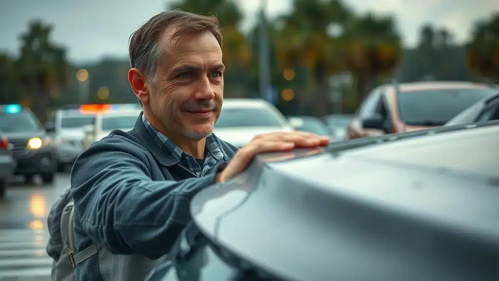 Columbia driver relieved after minor collision, inspecting car bumper in local parking lot with police lights in background