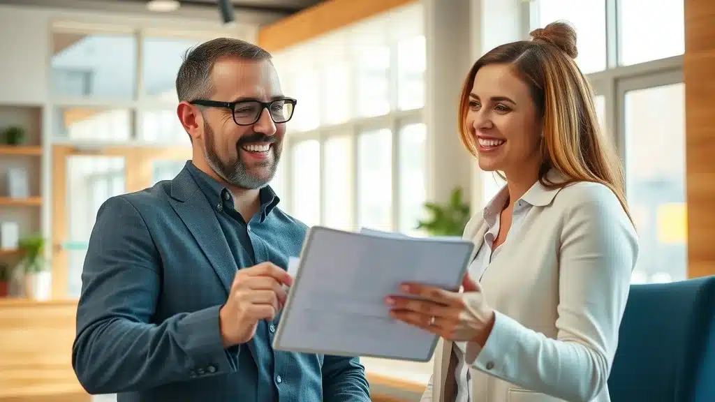 Friendly insurance agent assisting a Lexington driver in a modern local office with policy documents