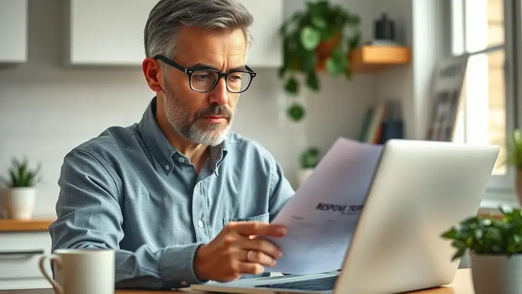 Lexington SC resident reviewing credit score for car insurance rate discounts at kitchen table, insurance brochures and laptop present.