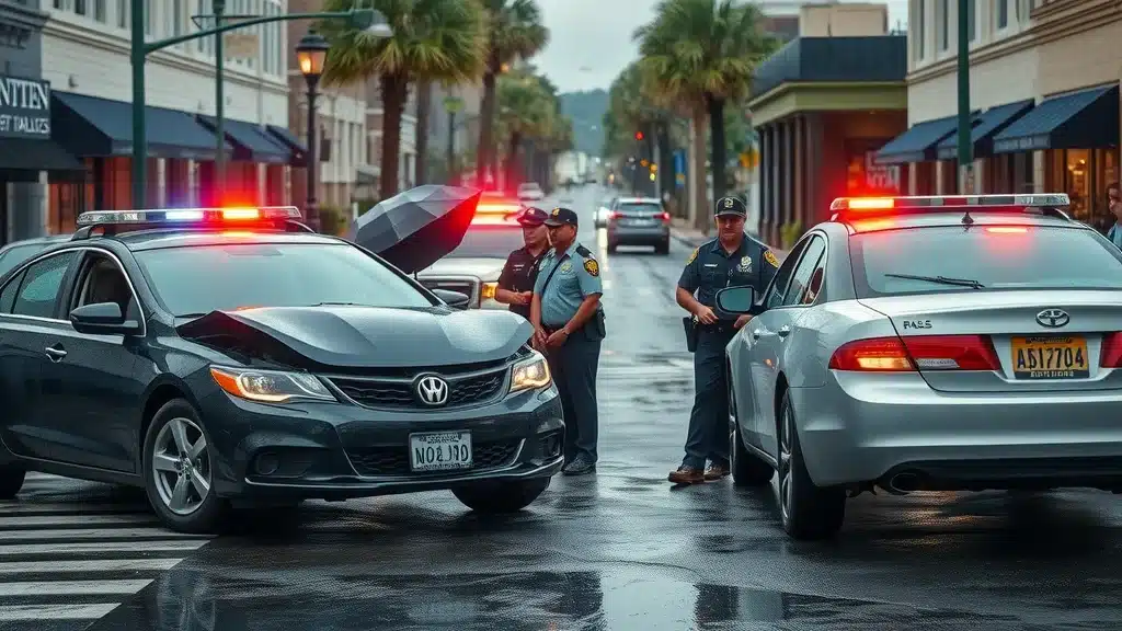 Two police officers stand near two cars involved in a minor accident at a city intersection. Both vehicles have their emergency lights on, and one car’s hood is raised. The scene appears calm and orderly.