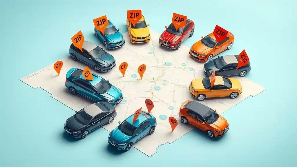 Infographic of cars grouped by Columbia, SC ZIP code price ranges, showing the differences in car insurance rates with a creative, photorealistic arrangement atop a simplified city map.