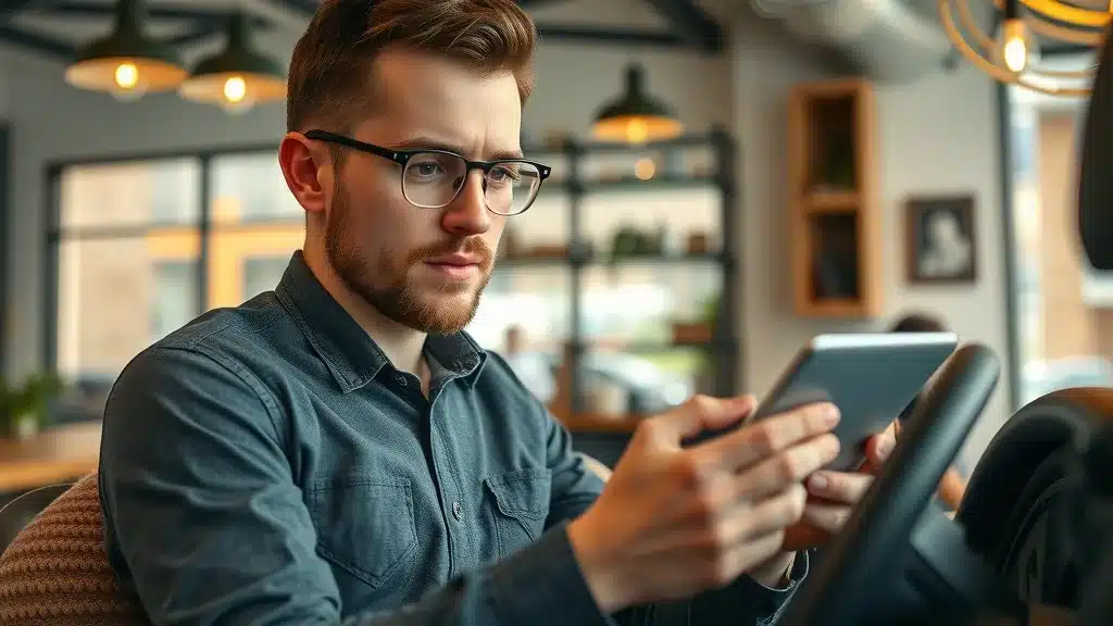 Lexington SC driver comparing car insurance quotes and discounts on a tablet at a local coffee shop, charts on screen, pendant lighting.