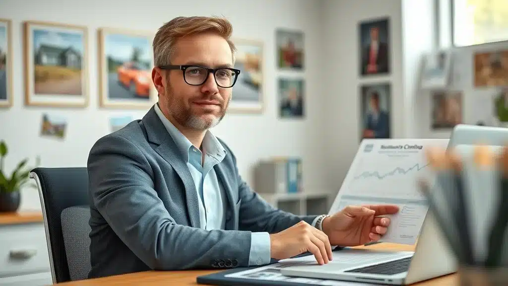 Local car insurance agent in Lexington SC explaining rate trends and discounts, charts on laptop, community photos in office setting.