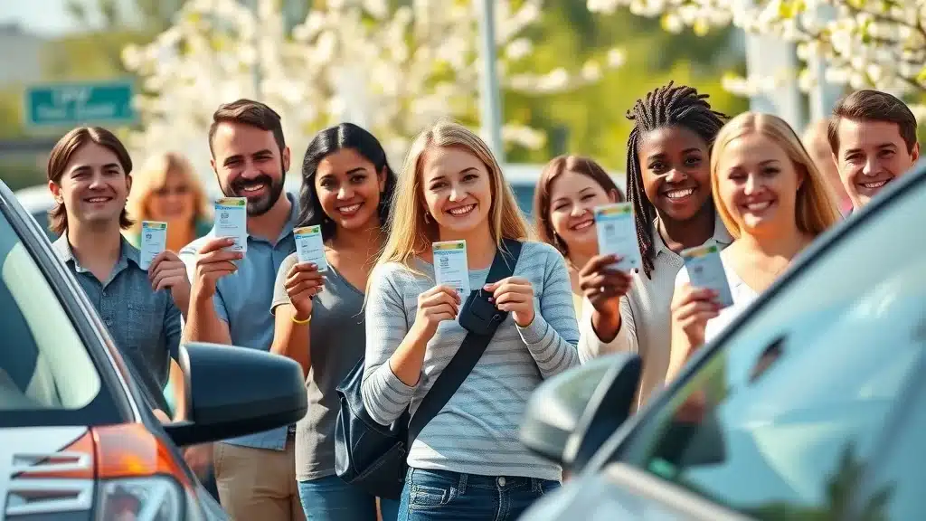 Photorealistic image of a diverse group of drivers holding car keys and insurance cards at an outdoor Lexington SC DMV with license plates visible, symbolizing how credit score, demographics, and driving record affect car insurance rates.
