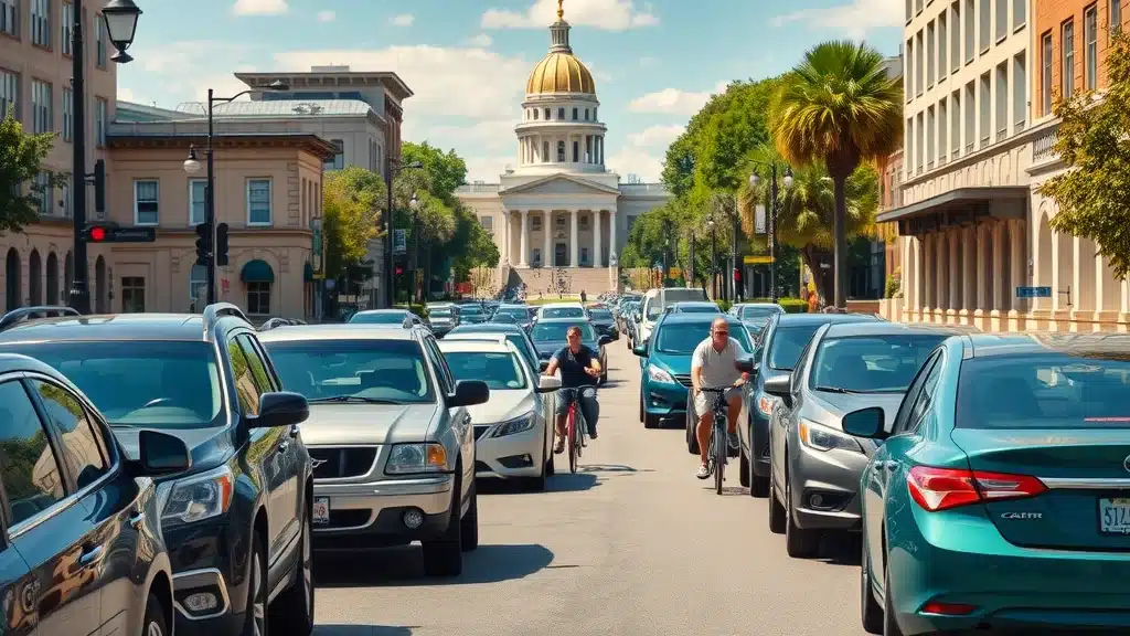 Downtown Columbia SC street with traffic, showcasing range of vehicles and cityscape under afternoon sun