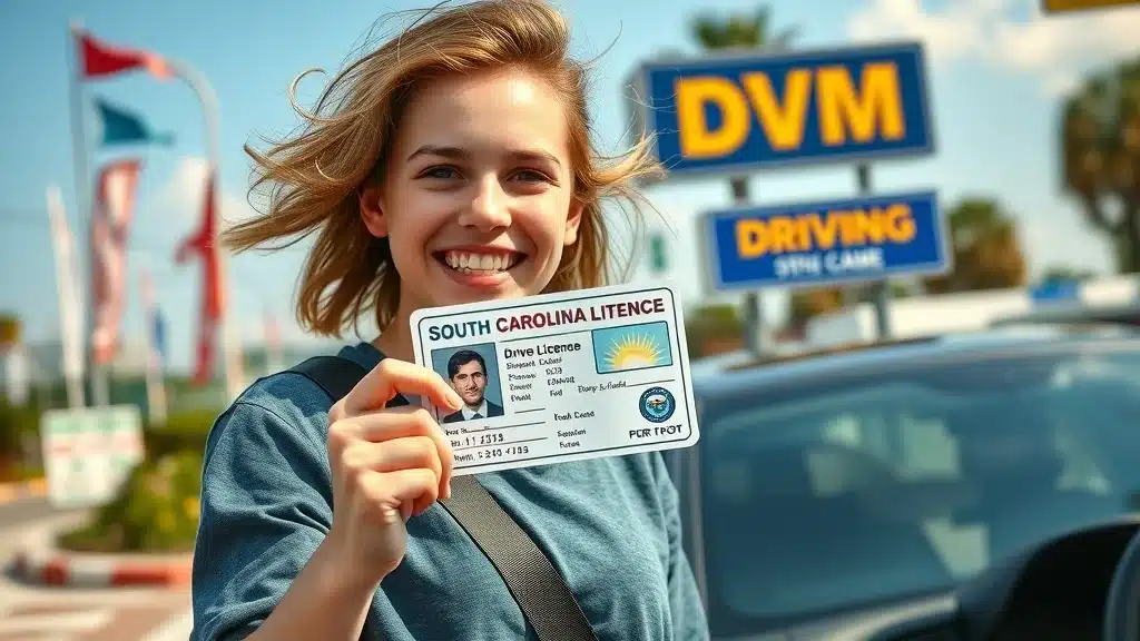 Teen celebrating new South Carolina driver’s license outside local DMV to meet car insurance legal requirements