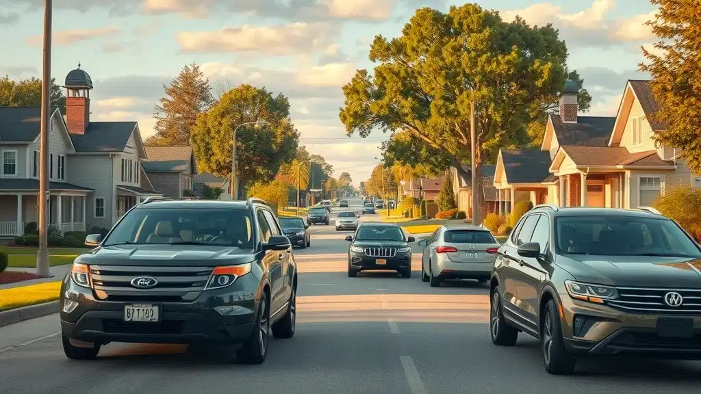 Several cars drive down a suburban street lined with trees and houses in the daytime, under a partly cloudy sky. The scene looks calm and residential, with well-maintained lawns and sidewalks.