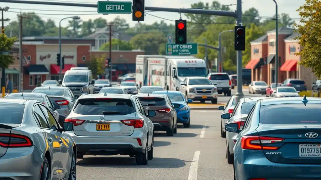Photorealistic image of a busy Lexington SC intersection with cars and pedestrians, illustrating how population density impacts car insurance rates by zip code.