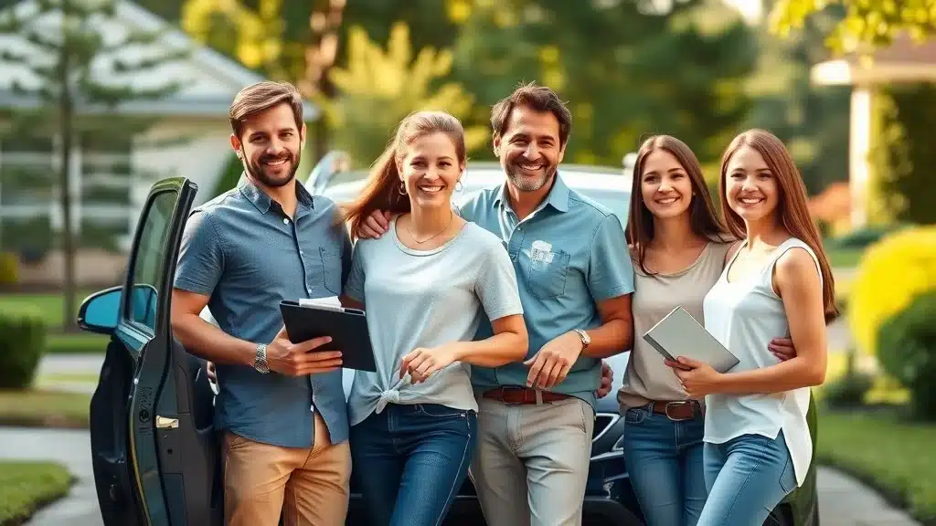 A group of five smiling adults, casually dressed, stand together outdoors by a parked car. They hold tablets and notebooks, appearing cheerful on a sunny day with green trees and houses in the background.