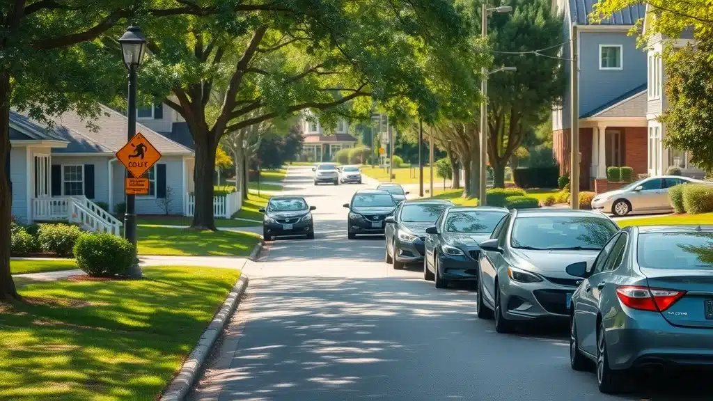 Lexington South Carolina neighborhood street with cars and greenery, illustrating minimum car insurance requirements in Lexington South Carolina (2026 update)