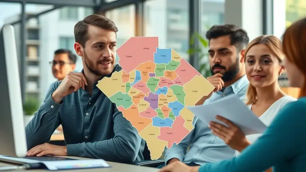 A group of four young professionals discusses documents at a table, with a colorful map of various counties superimposed in the center of the image.