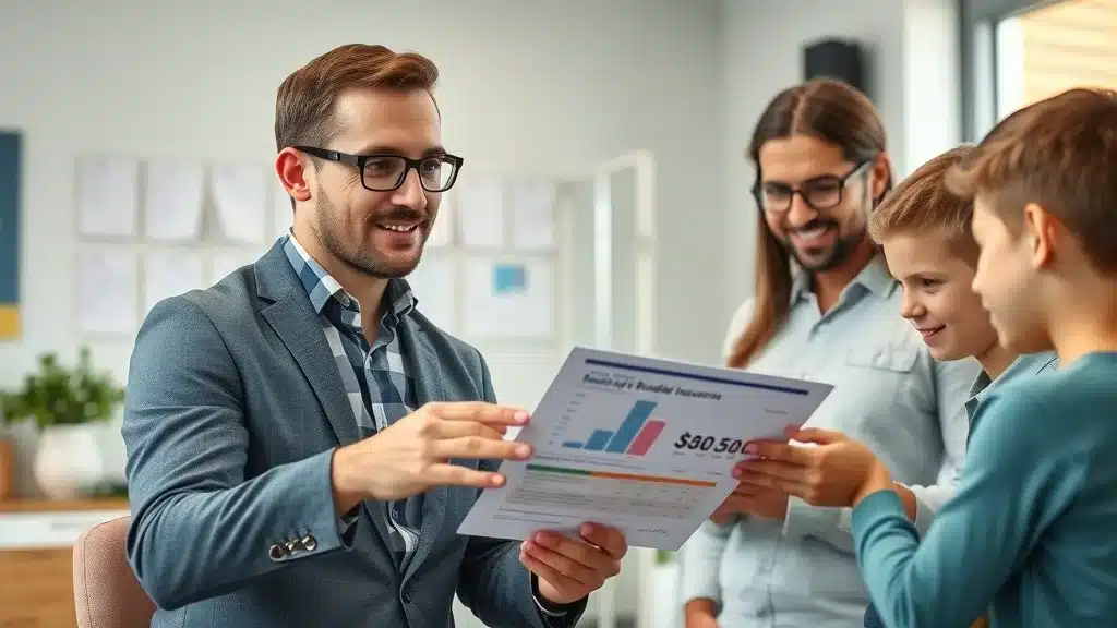 Local insurance agent uses tablet to explain bundled home and auto discount programs to a young family in Columbia, SC.