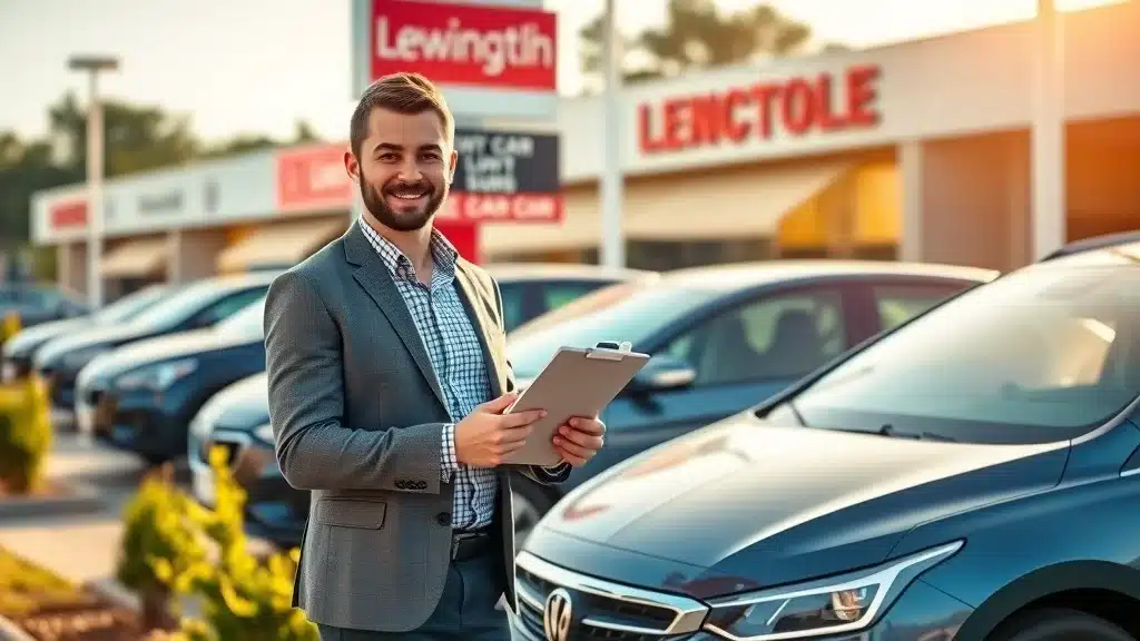 Young Lexington SC professional with new car at dealership, showing loan paperwork — full coverage example