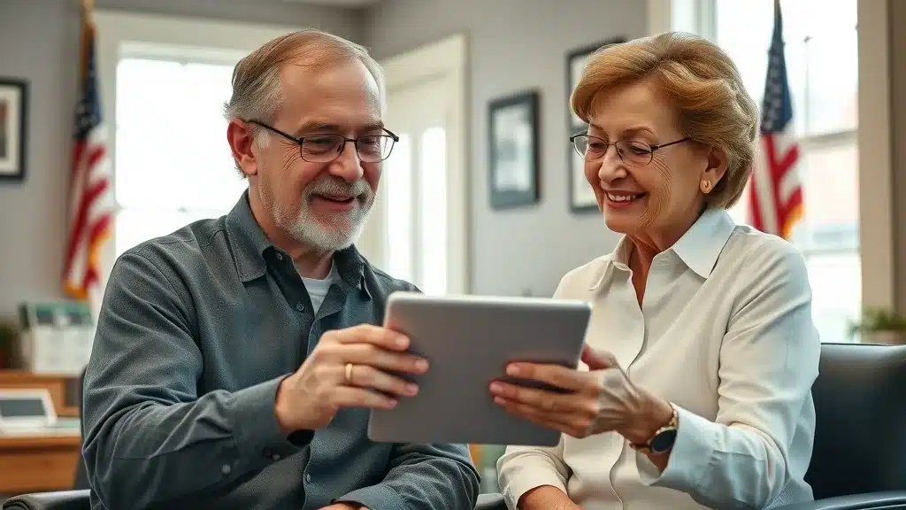 Caring car insurance agent in Lexington SC reviewing senior and military discount options with mature client at local office, American flag subtly in background.