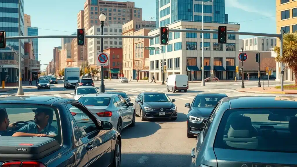 Urban downtown intersection in Columbia, SC with cars waiting at a busy intersection, diverse drivers, and iconic buildings, illustrating how local traffic patterns shape car insurance rates by ZIP code.