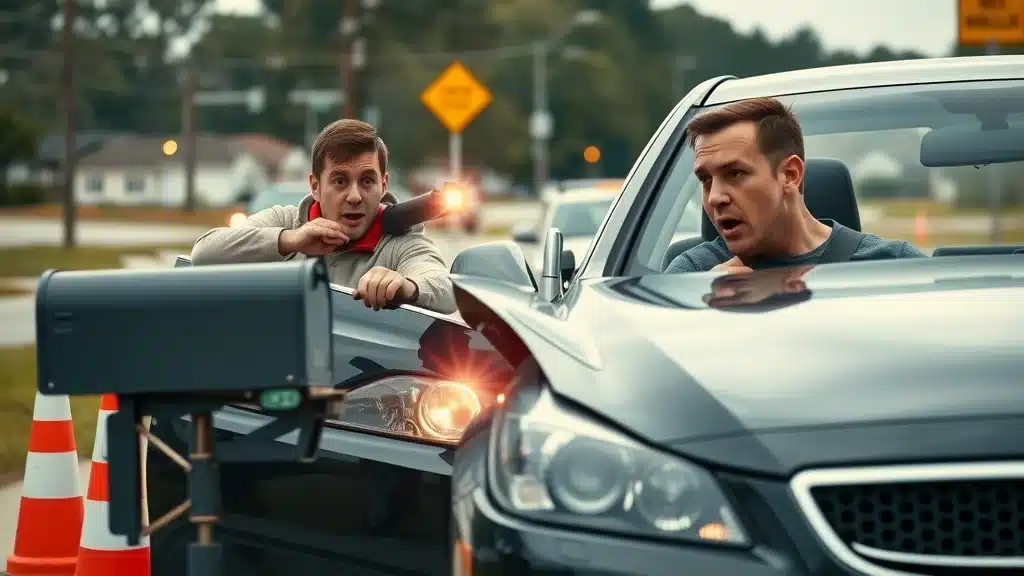 Photorealistic image of two drivers inspecting their cars after a minor accident on a Lexington SC suburban street, with ZIP code mailbox visible, highlighting how accident rates affect car insurance rates.