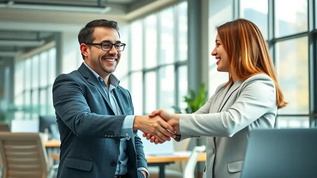 Local Columbia insurance agent and driver shaking hands in an office, securing new car insurance discounts for Columbia drivers.