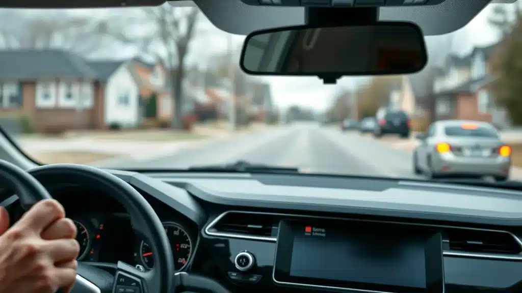 Modern car dashboard in Lexington SC with advanced safety features and indicators for car insurance discount eligibility, neighborhood street outside.