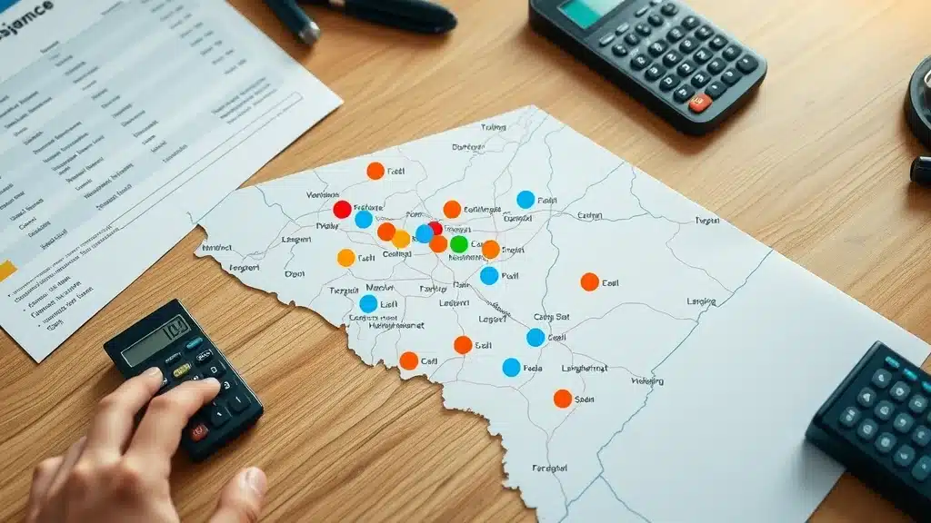 Photorealistic map of Lexington SC with highlighted ZIP code boundaries and car insurance heatmap overlays, illustrating insurance rate differences.