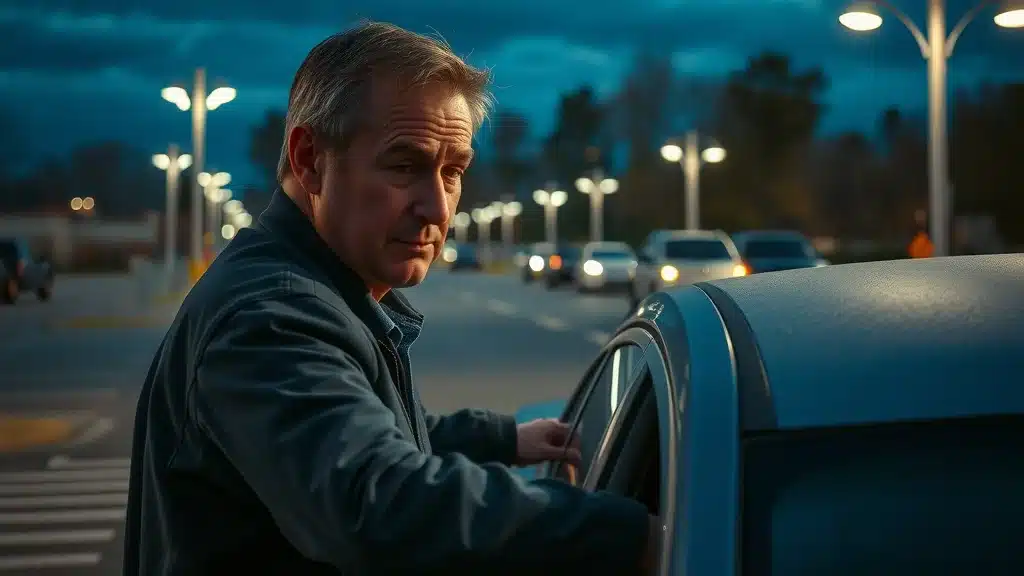 Concerned car owner checking car door in an evening Columbia, SC parking lot, scene referencing break-ins impacting car insurance rates by ZIP code.