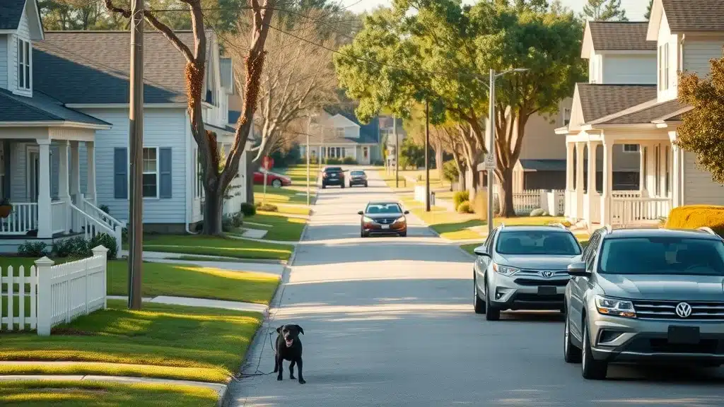 Photorealistic image of a Lexington SC neighborhood street, featuring residential homes, parked cars, green lawns, picket fences, neighbors walking dogs, and cars passing, in warm afternoon sunlight, exemplifying how your zip code affects car insurance rates in Lexington SC.