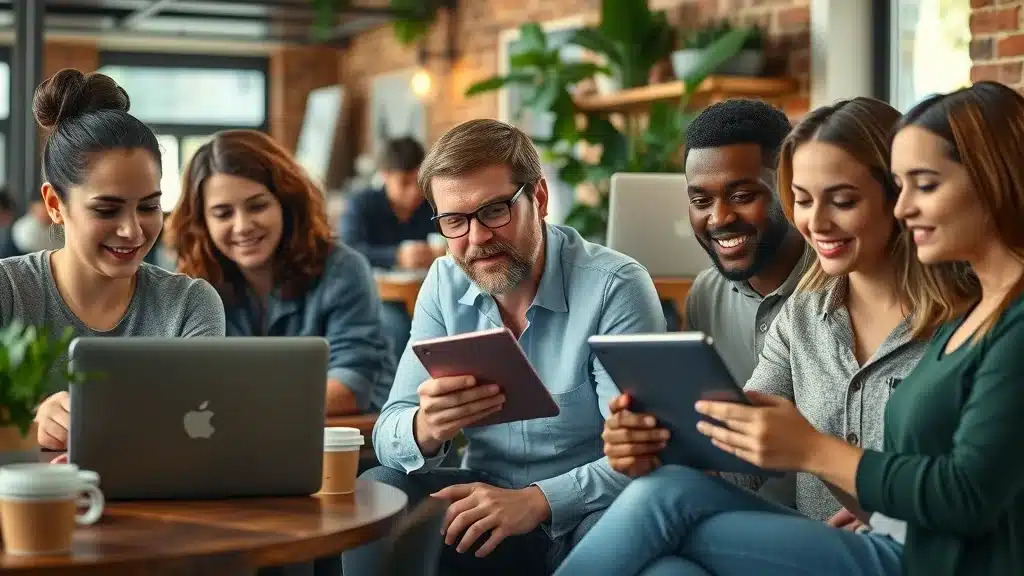 Columbia SC coffee shop comparison - diverse group using laptops to check car insurance quotes side by side