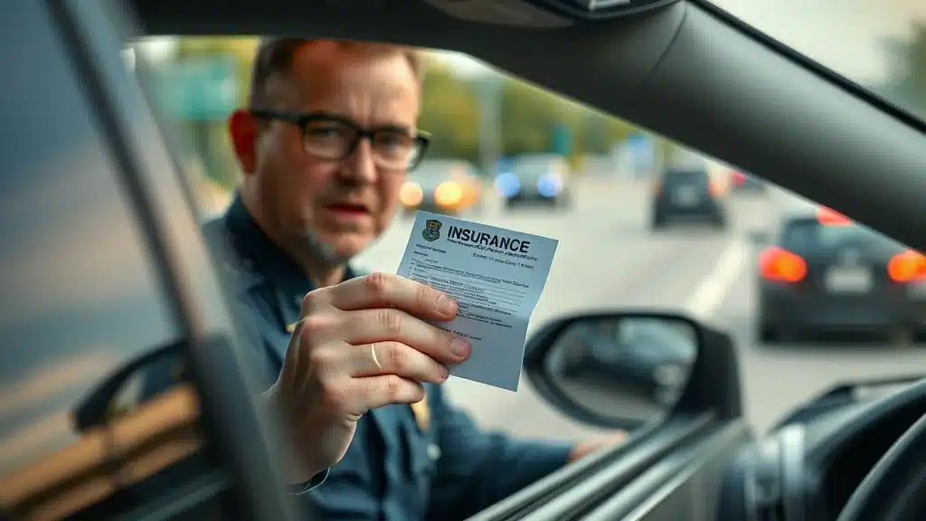 Lexington police officer reviewing driver insurance card during roadside stop, highlighting legal minimum car insurance requirements in Lexington South Carolina
