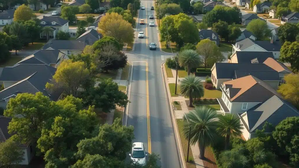 Aerial view of Columbia, South Carolina neighborhoods showcasing cars and homes, demonstrating how local factors affect the most common car insurance discounts available to Columbia drivers.
