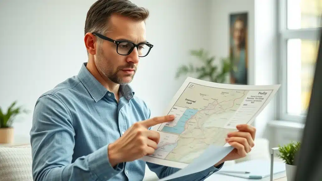 Analytical insurance agent reviewing car insurance policy with local Columbia SC map, pointing at different ZIP code areas in a bright, tidy office, discussing how insurance rates are affected by location.