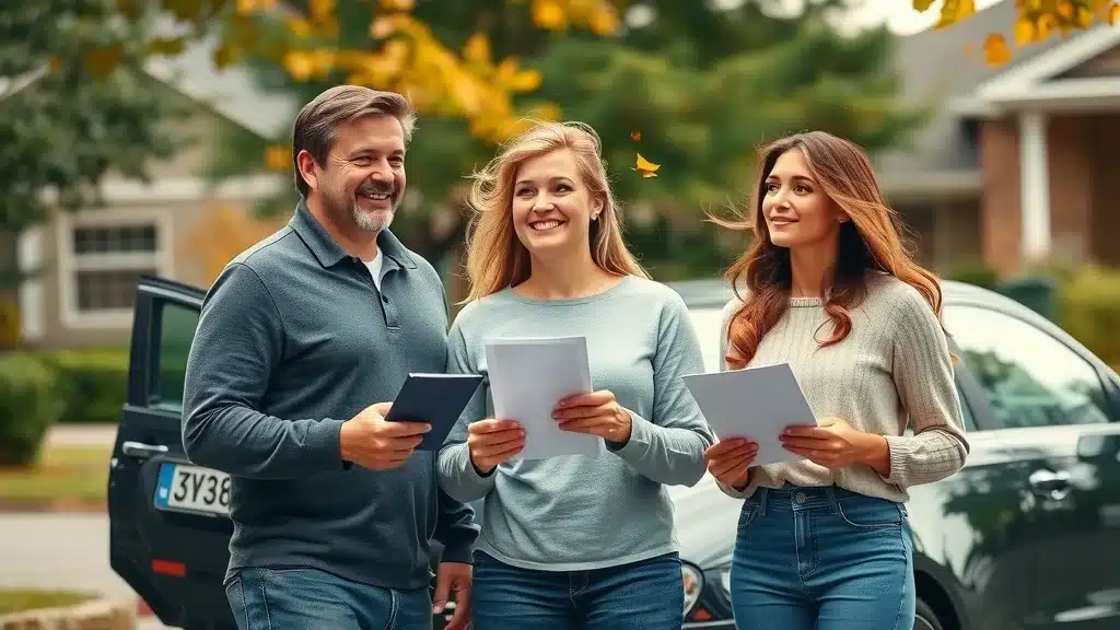 Local South Carolina family curious about car insurance coverage, standing by their car in a lush Columbia driveway