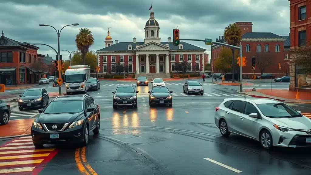 Columbia SC intersection with traffic, drivers, and university area - insurance rate factors