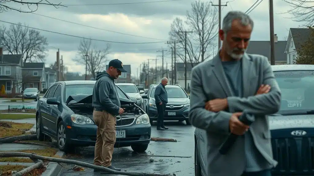 Photorealistic image of drivers and an insurance adjuster inspecting cars after storm damage on a Lexington SC street, representing weather's impact on car insurance premiums.